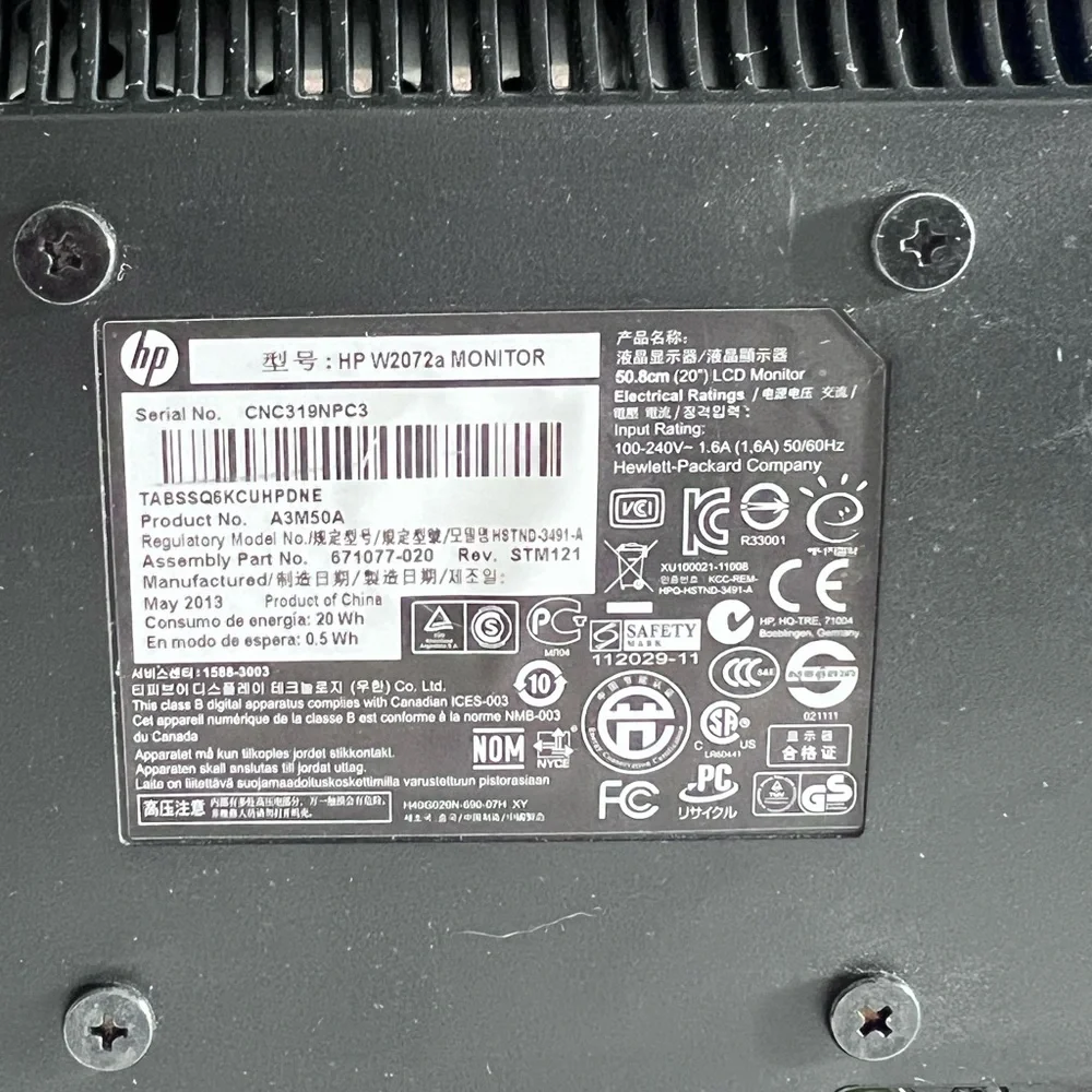 HP W2072a LCD Monitor 20” LED Backlit 1600x900